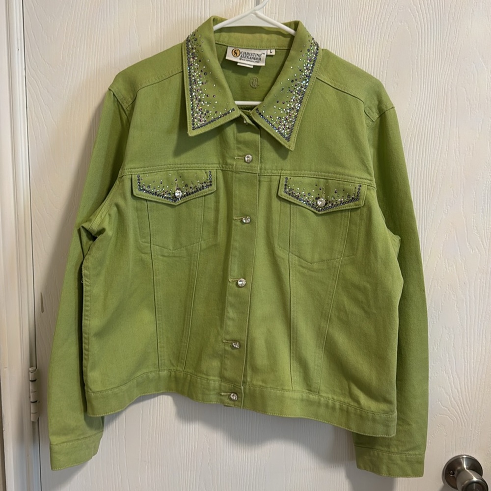 Christine Alexander Women's Large Green Denim Rhinestone Long Sleeve Button Down - Picture 15 of 15